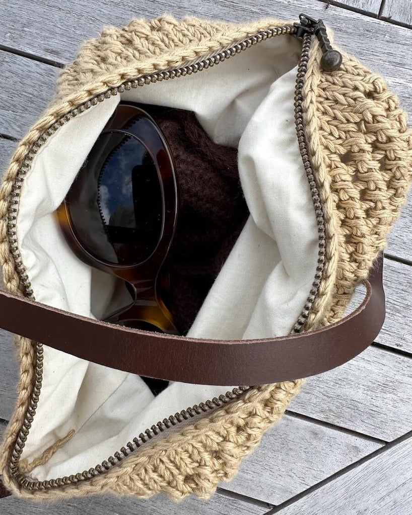 Åben florence bag med lynlås, for i natur og læderrem